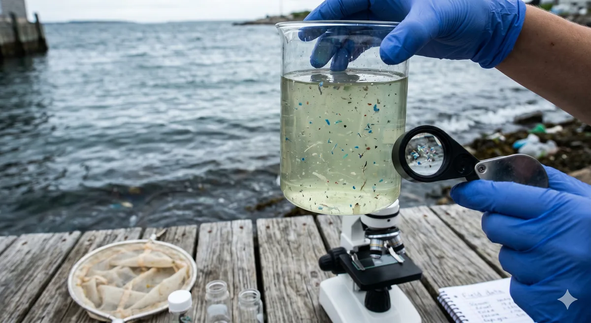 AI-generated image of microplastics in water.